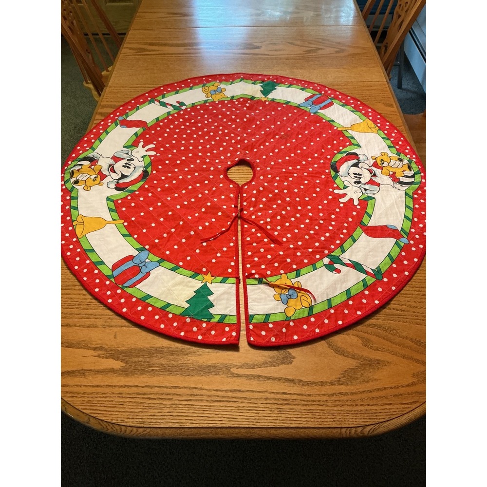 Vintage Disney Mickey Mouse Quilted Christmas Tree Skirt Red Polka Dot 38 Inch